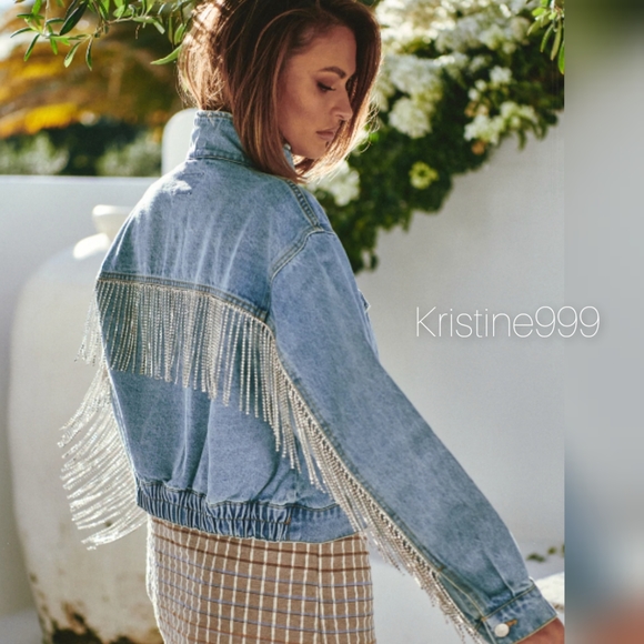 LAST ONE! Free People Rhinestone Fringe Denim Bomber Jacket Meteor Wash - Picture 4 of 15